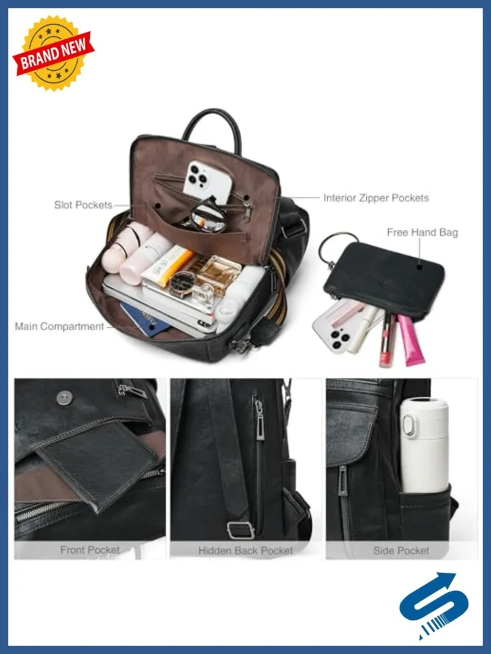 Faux Leather Backpack Purse Convertible Shoulder Bag with Wristlet Travel